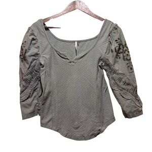 Free People Brunch Date Henley Sage Green Eyelet Crochet Sleeve Size Small